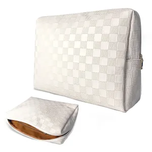 vhivhias Checkered Makeup Bag, Portabel Leather Large Cosmetic Bag,Large Capacity Travel Cosmetic Bag for Women, Lightweight Design and Waterproof Toiletries Bag White