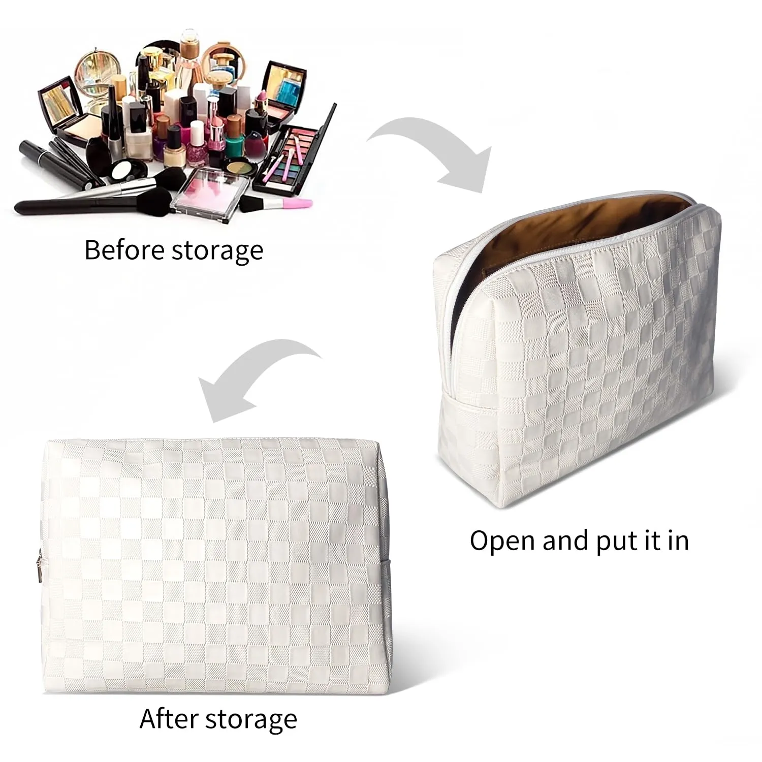 vhivhias Checkered Makeup Bag, Portabel Leather Large Cosmetic Bag,Large Capacity Travel Cosmetic Bag for Women, Lightweight Design and Waterproof Toiletries Bag White