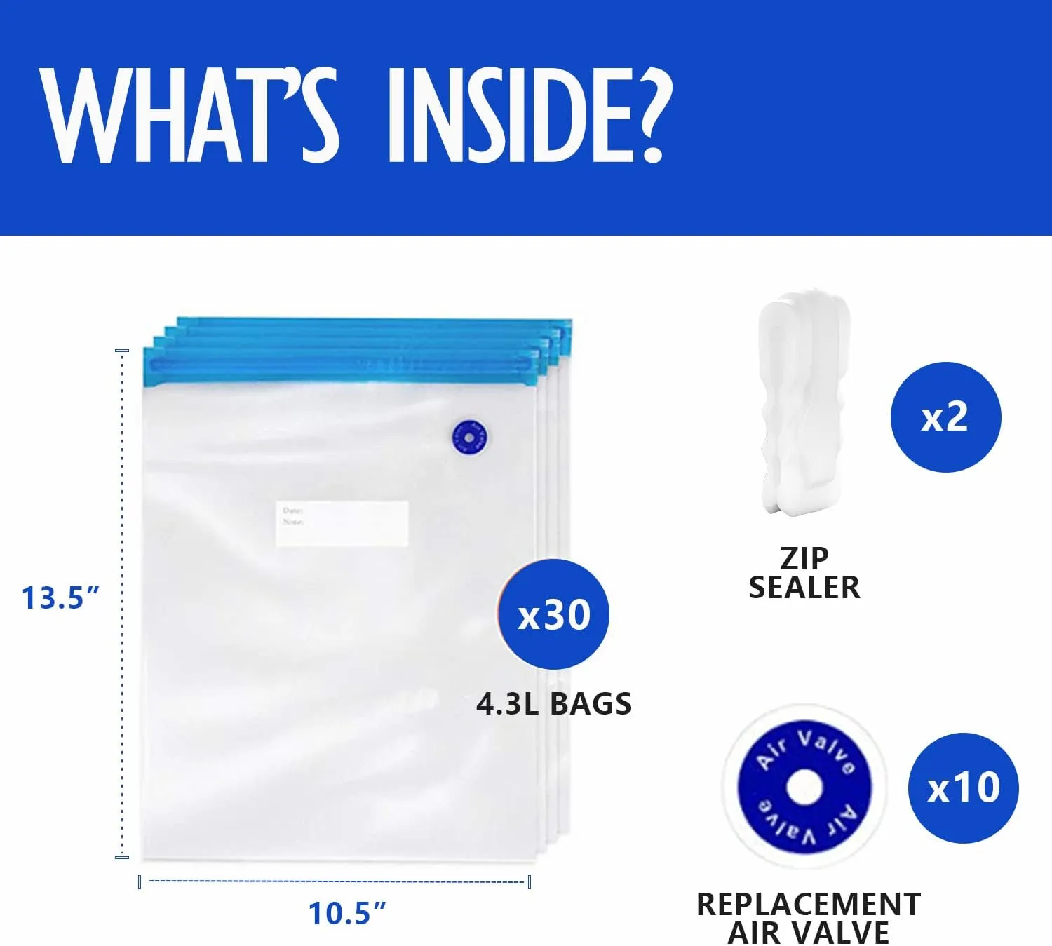 VICARKO 30 Vacuum Zipper Bags, Vacuum Sealer Bags, Food Storage, Reusable Bags, with Double Layers, BPA Free, 4.3L, 13.5 x 10.5"