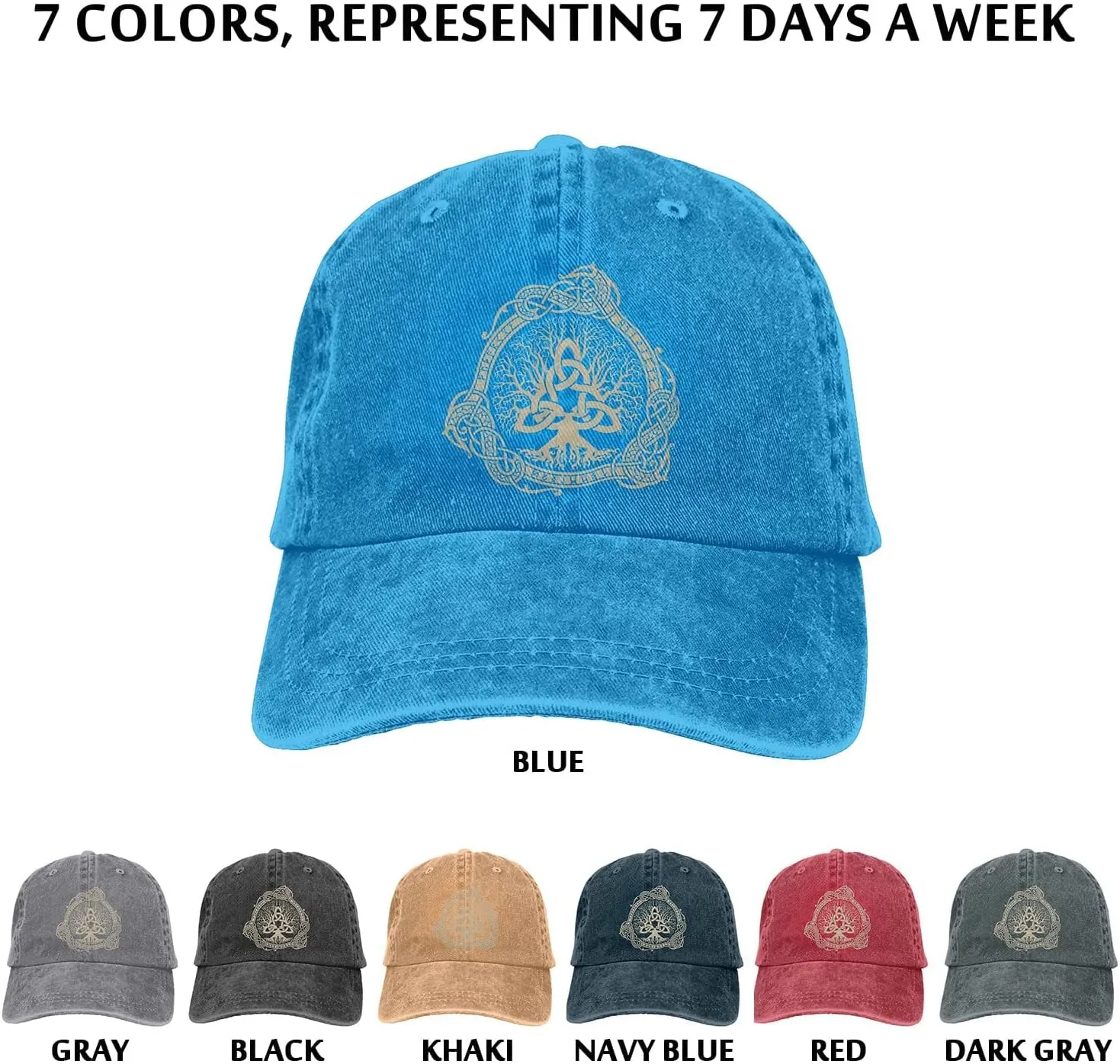 Viking Symbol Washed Denim Baseball Cap, Ancient Pagan Nordic The Tree of Life Vintage Outdoor Baseball Cap,Hat 3,55cm
