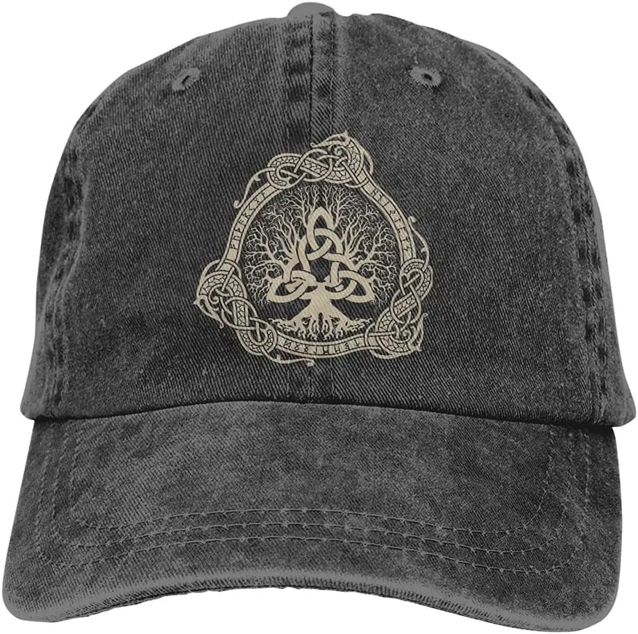Viking Symbol Washed Denim Baseball Cap, Ancient Pagan Nordic The Tree of Life Vintage Outdoor Baseball Cap,Hat 3,55cm