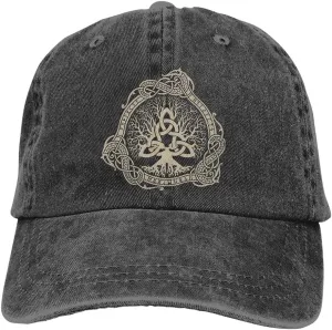 Viking Symbol Washed Denim Baseball Cap, Ancient Pagan Nordic The Tree of Life Vintage Outdoor Baseball Cap,Hat 3,55cm