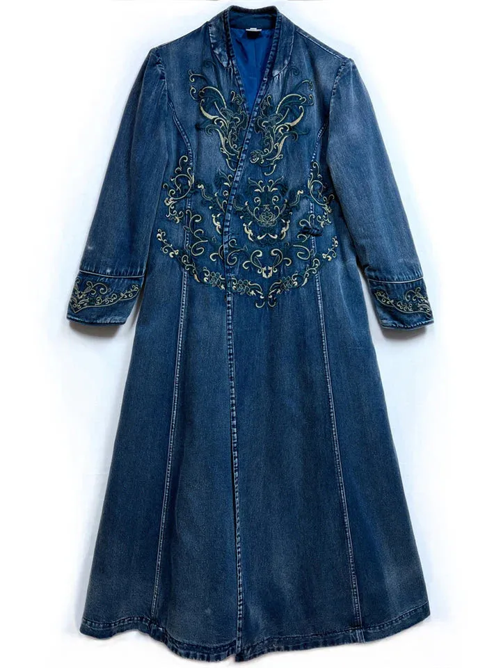 Vintage Aura™ | Ladies Vintage Embroidery Denim Dress | V-Neck, Side Slit Design, Comfortable Fit