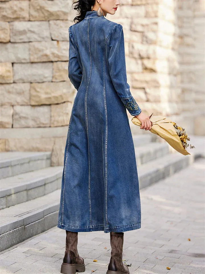 Vintage Aura™ | Ladies Vintage Embroidery Denim Dress | V-Neck, Side Slit Design, Comfortable Fit