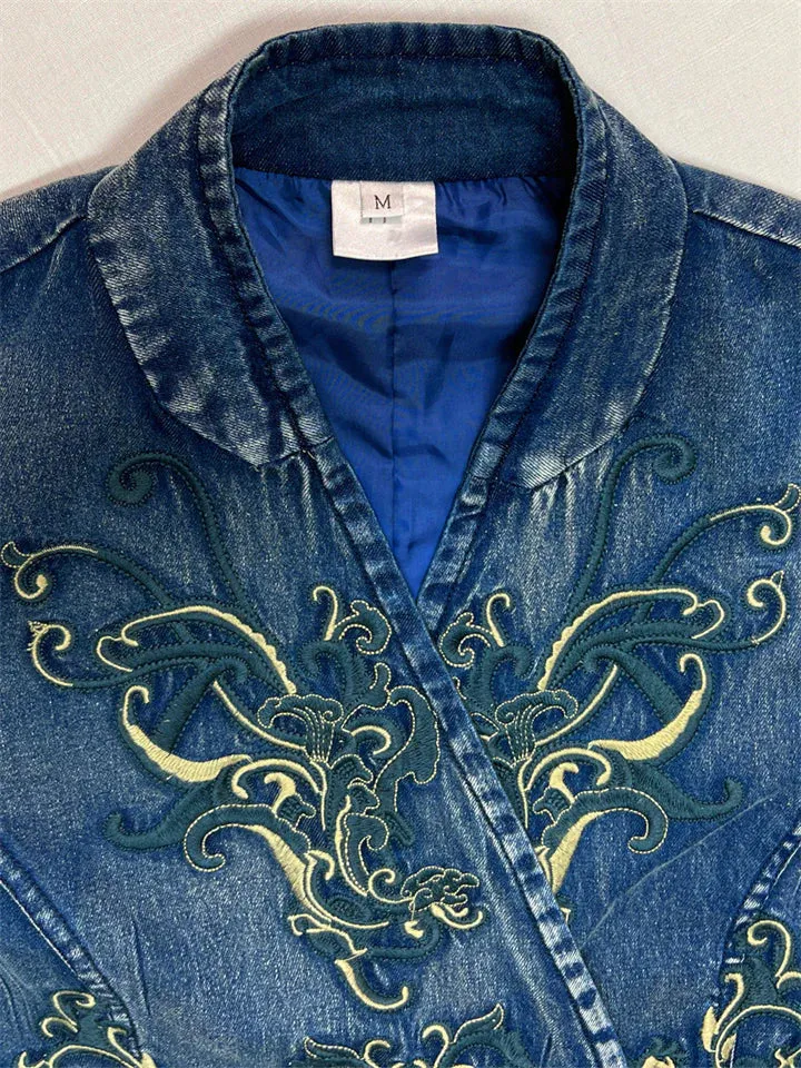Vintage Aura™ | Ladies Vintage Embroidery Denim Dress | V-Neck, Side Slit Design, Comfortable Fit