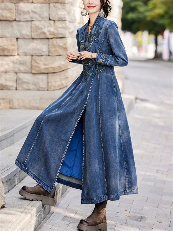 Vintage Aura™ | Ladies Vintage Embroidery Denim Dress | V-Neck, Side Slit Design, Comfortable Fit