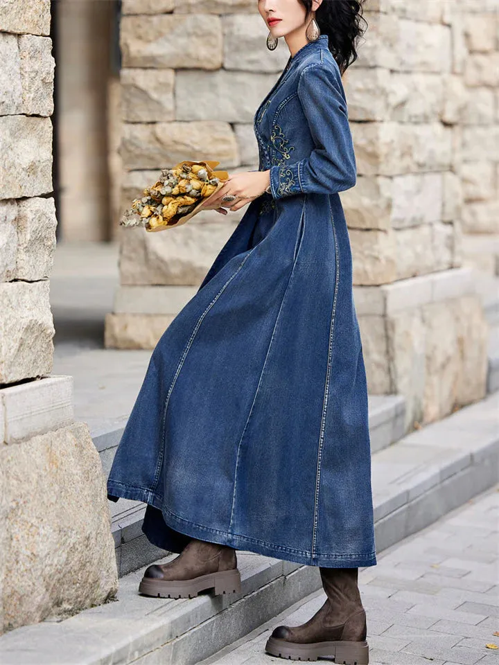 Vintage Aura™ | Ladies Vintage Embroidery Denim Dress | V-Neck, Side Slit Design, Comfortable Fit