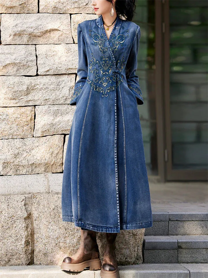 Vintage Aura™ | Ladies Vintage Embroidery Denim Dress | V-Neck, Side Slit Design, Comfortable Fit