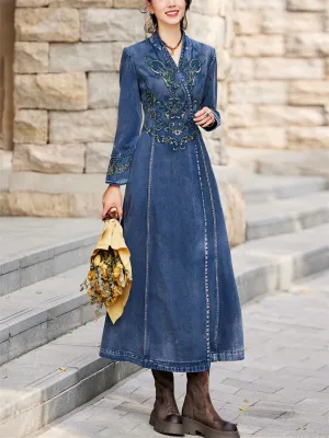 Vintage Aura™ | Ladies Vintage Embroidery Denim Dress | V-Neck, Side Slit Design, Comfortable Fit