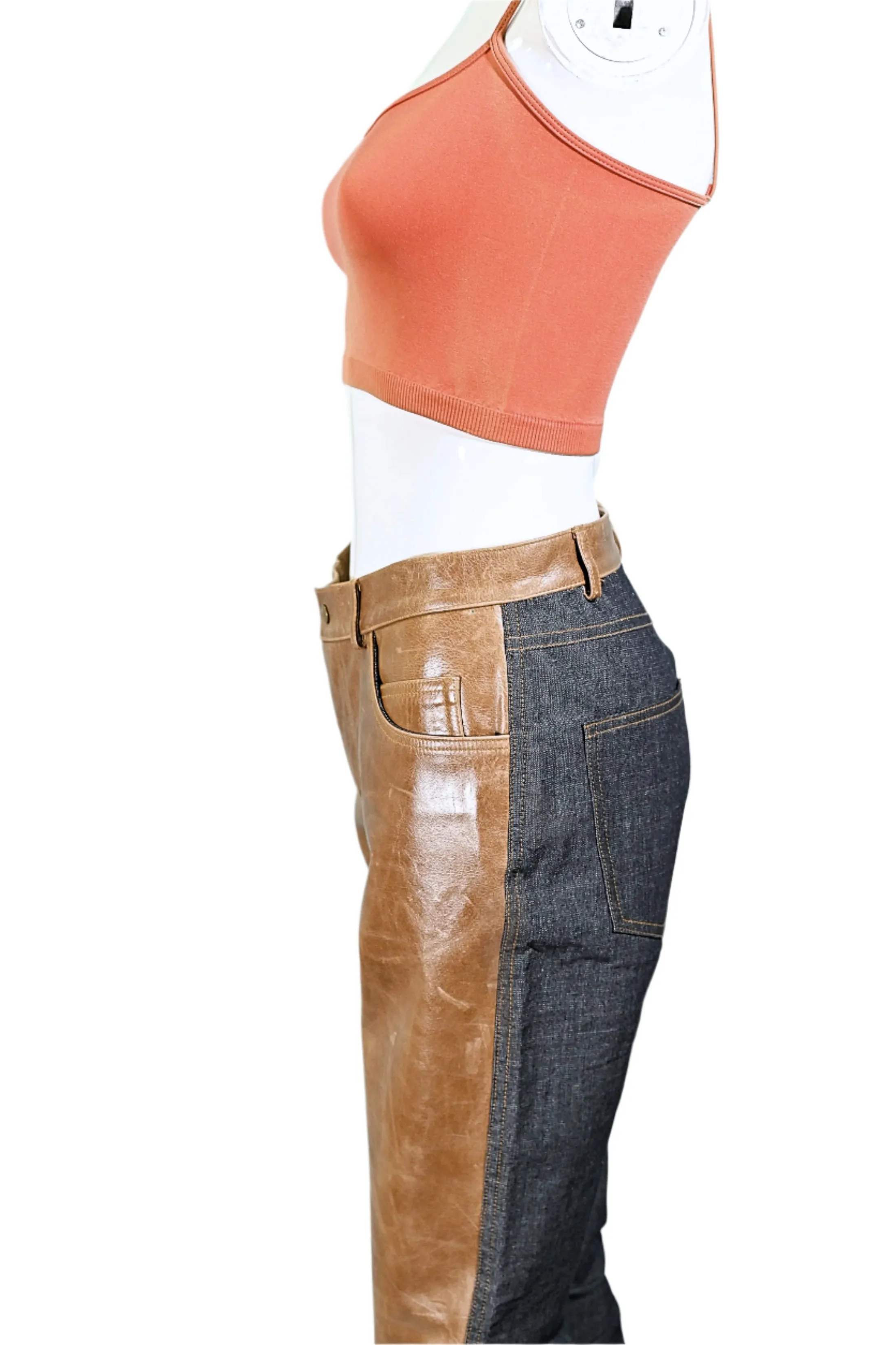 Vintage Leather/Denim Jeans, Patchwork Leather Jeans/Leather Front Denim Back