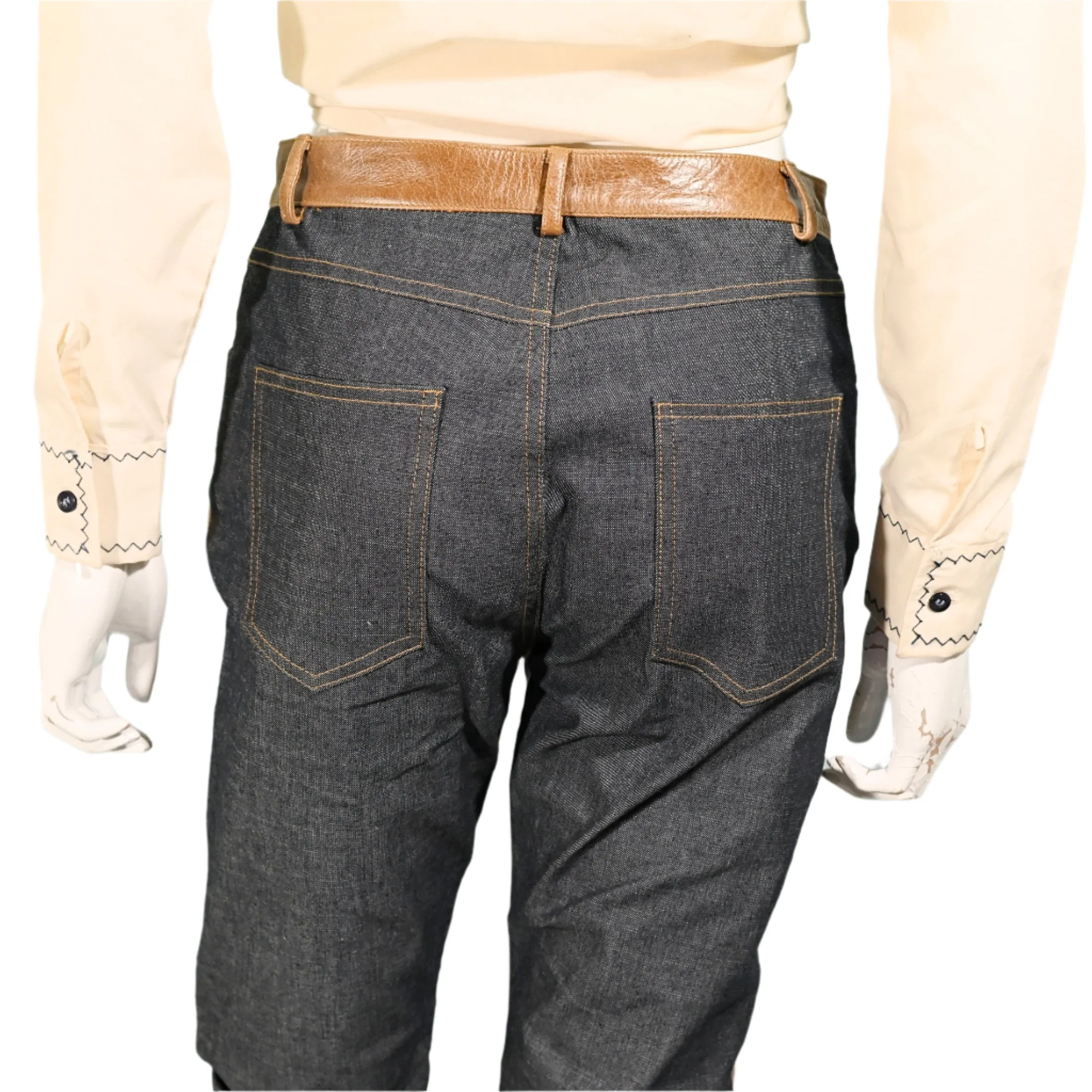 Vintage Leather/Denim Jeans, Patchwork Leather Jeans/Leather Front Denim Back
