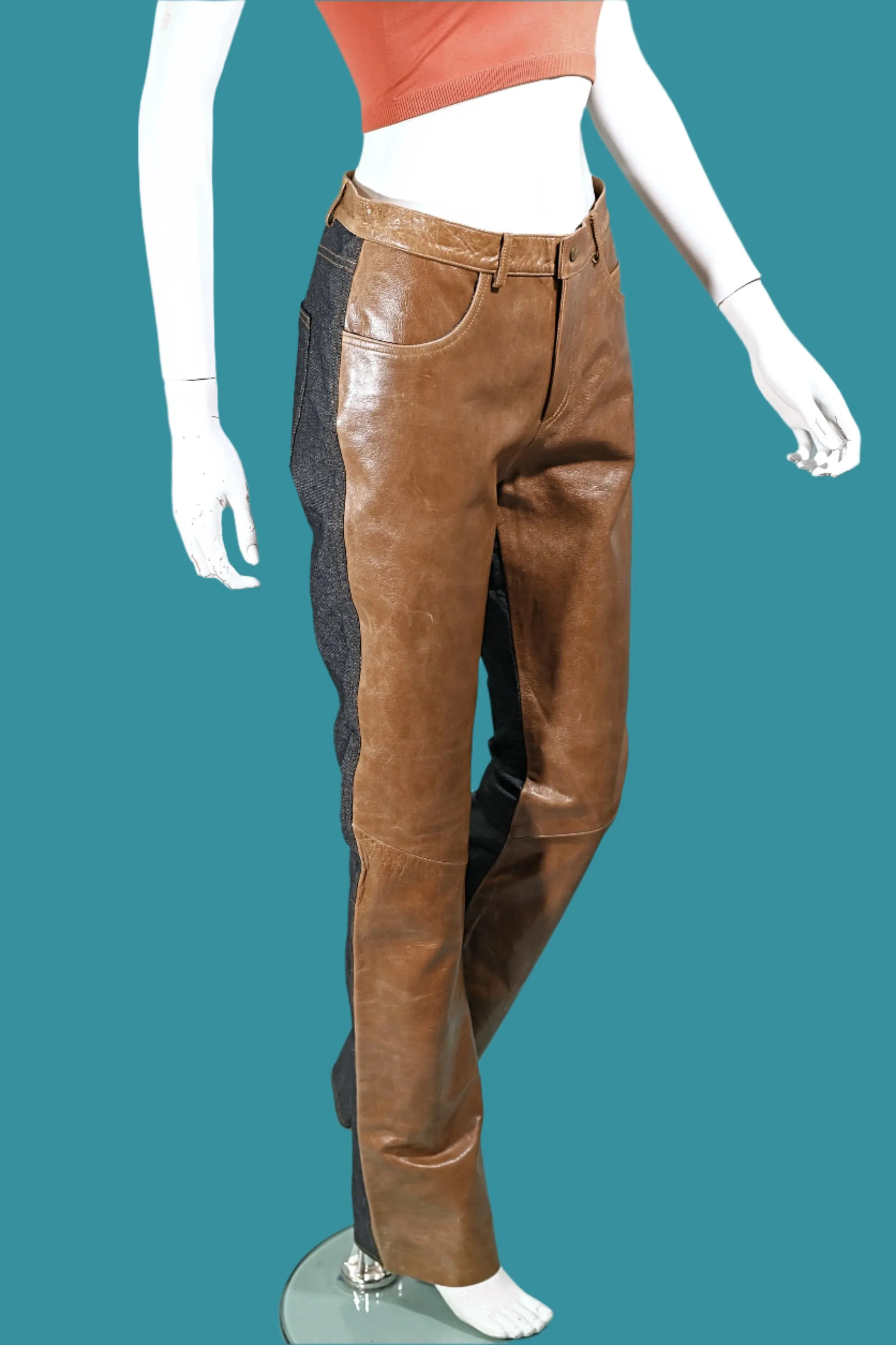 Vintage Leather/Denim Jeans, Patchwork Leather Jeans/Leather Front Denim Back