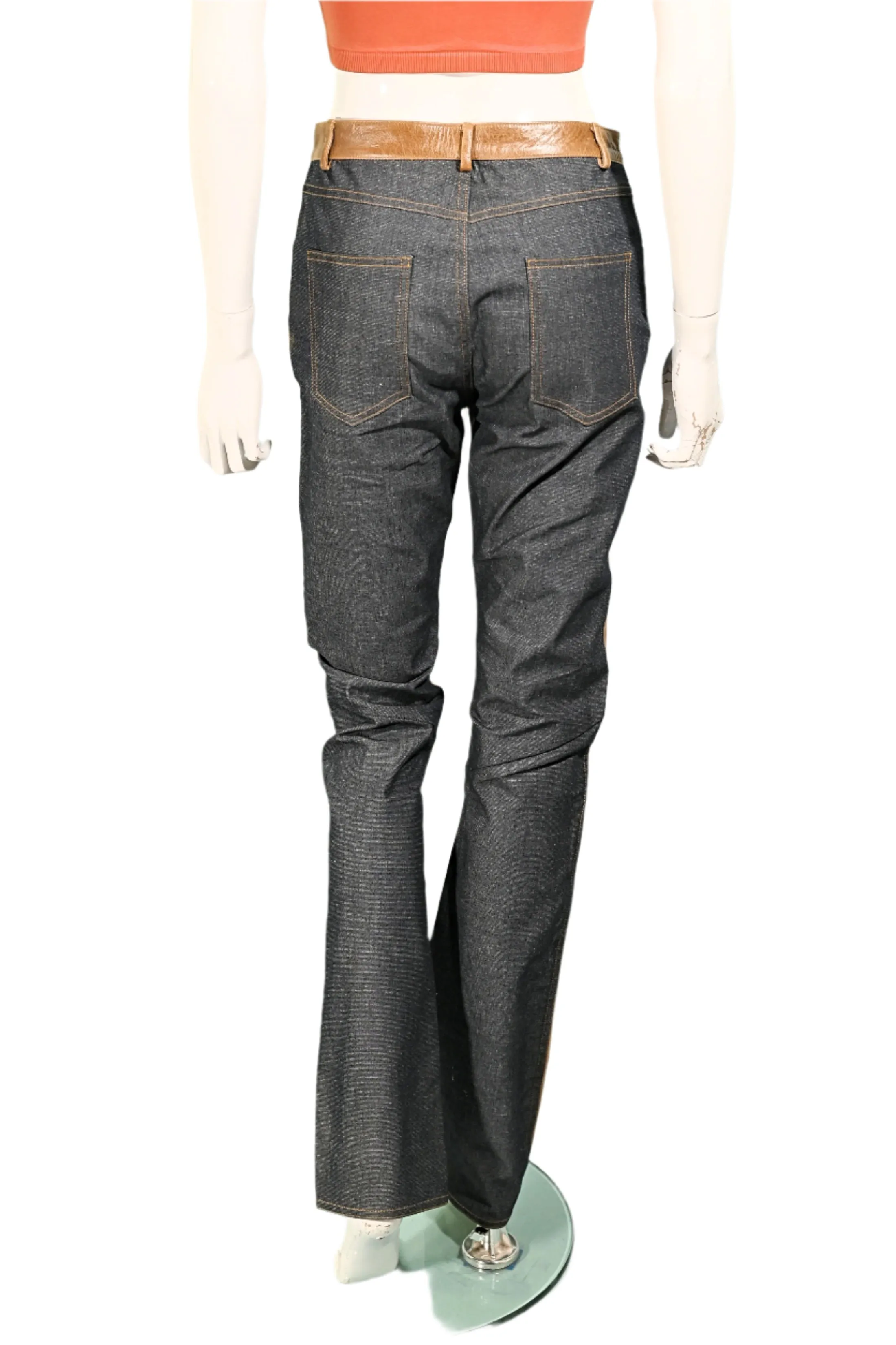 Vintage Leather/Denim Jeans, Patchwork Leather Jeans/Leather Front Denim Back