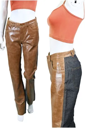Vintage Leather/Denim Jeans, Patchwork Leather Jeans/Leather Front Denim Back