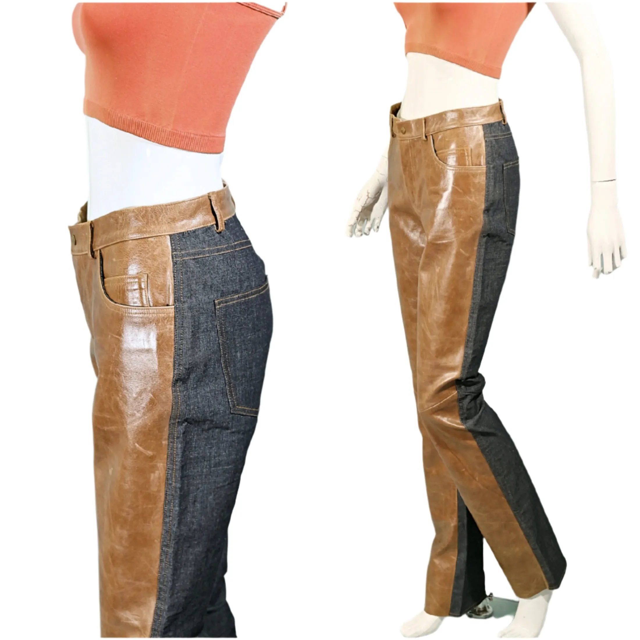 Vintage Leather/Denim Jeans, Patchwork Leather Jeans/Leather Front Denim Back