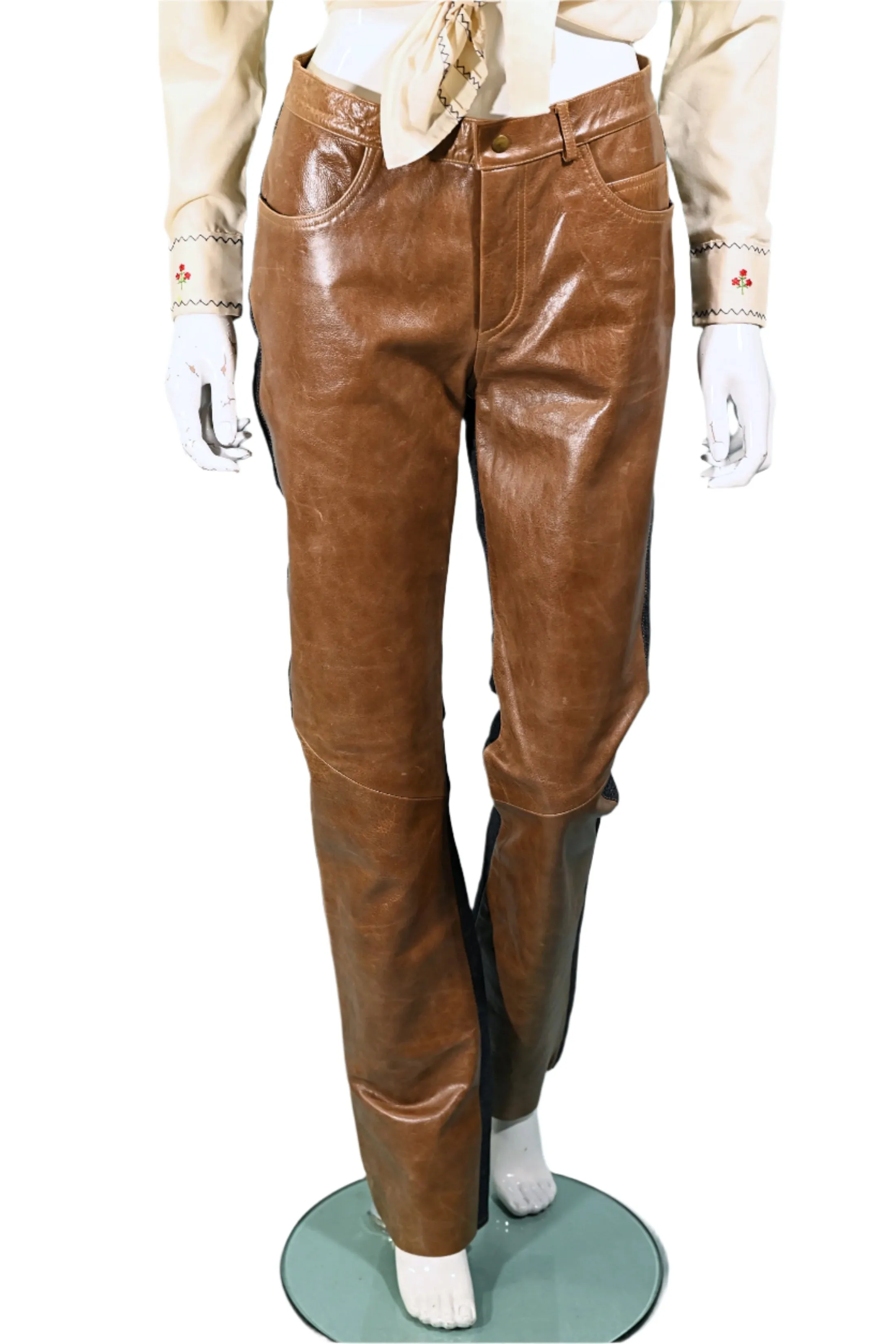 Vintage Leather/Denim Jeans, Patchwork Leather Jeans/Leather Front Denim Back