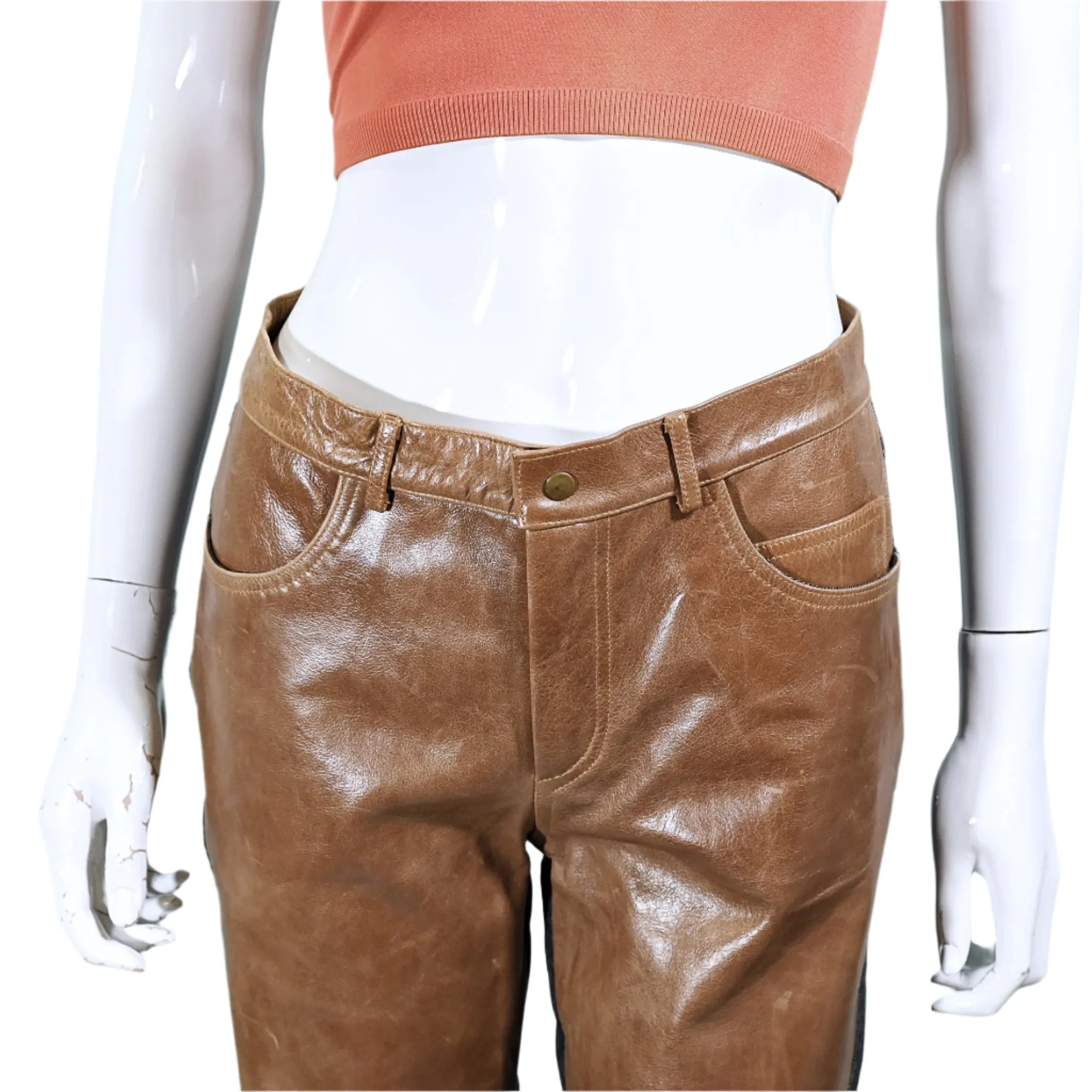 Vintage Leather/Denim Jeans, Patchwork Leather Jeans/Leather Front Denim Back