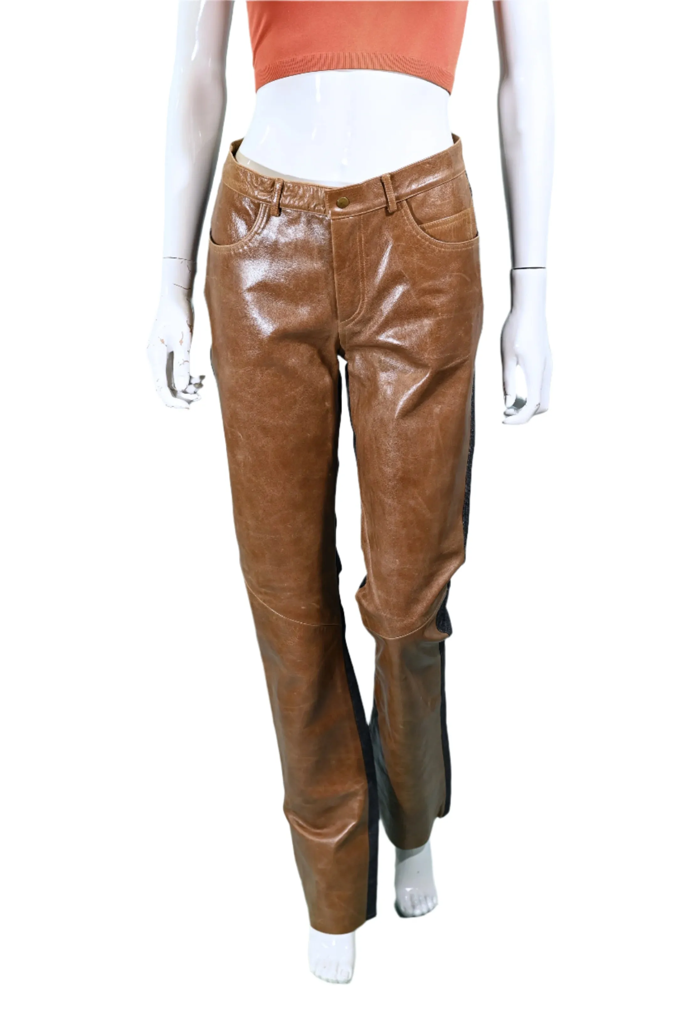 Vintage Leather/Denim Jeans, Patchwork Leather Jeans/Leather Front Denim Back