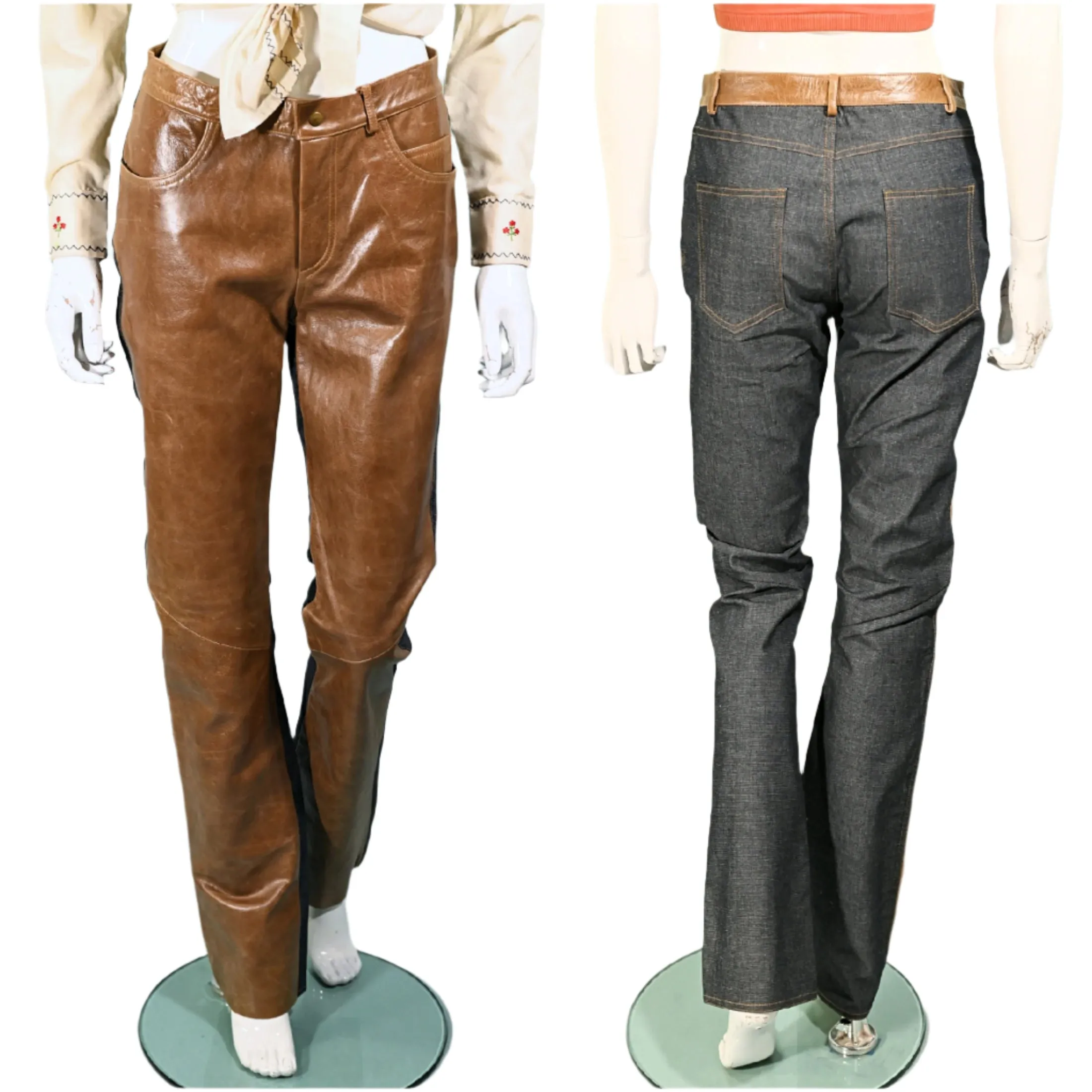 Vintage Leather/Denim Jeans, Patchwork Leather Jeans/Leather Front Denim Back
