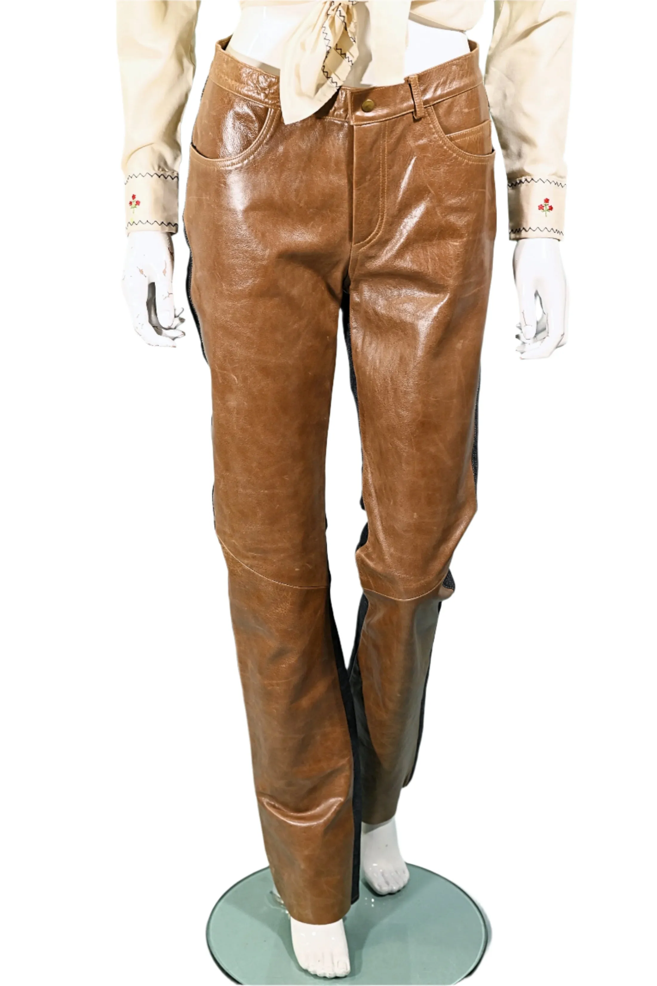 Vintage Leather/Denim Jeans, Patchwork Leather Jeans/Leather Front Denim Back