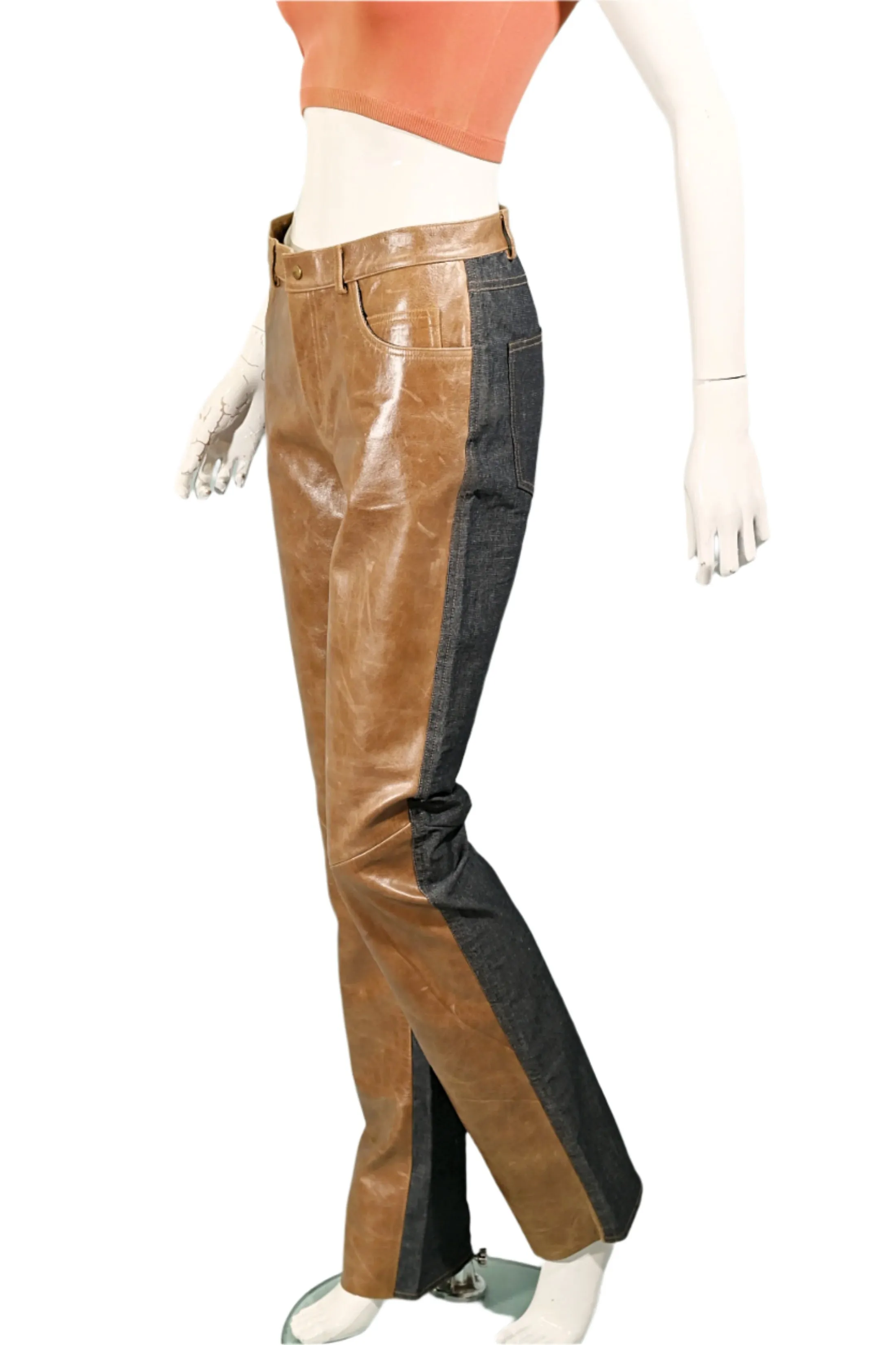 Vintage Leather/Denim Jeans, Patchwork Leather Jeans/Leather Front Denim Back
