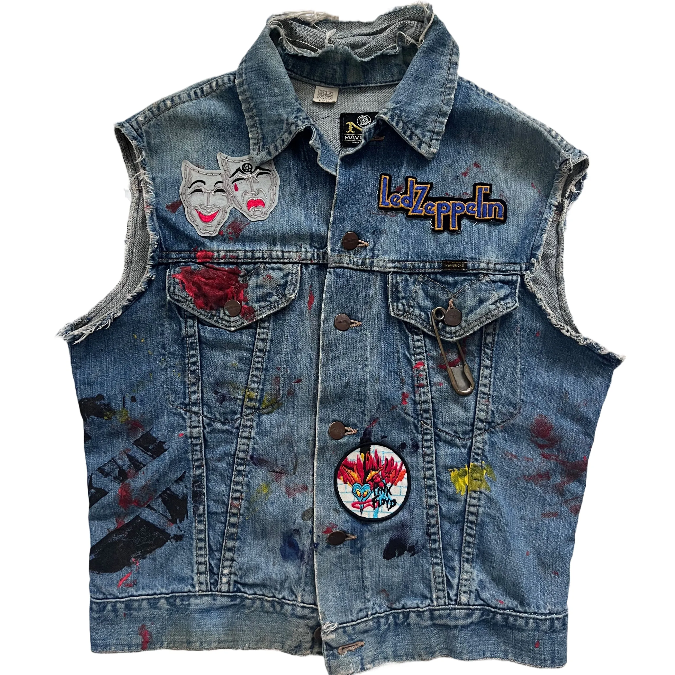 Vintage Maverick Denim Jacket with band patches "Guns N' Rosses, Led Zeppelin, Aerosmith, Pink Floyd"