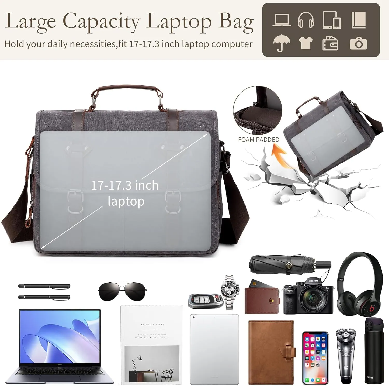 Vintage Messenger Bag, Leather Waxed Canvas Briefcase Large Satchel Shoulder Bag Rugged Computer 15.6" Laptop Bag(Black)