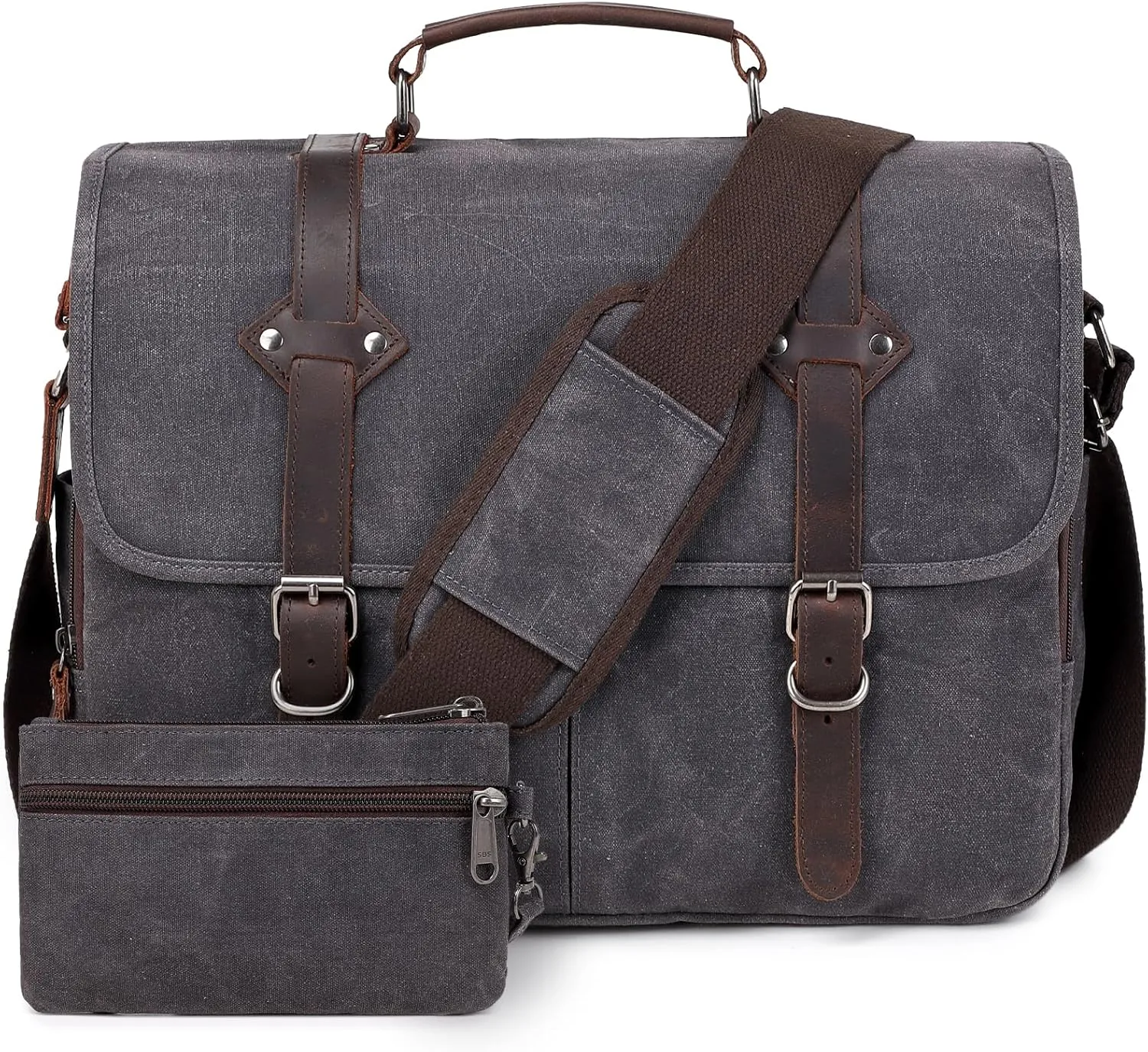 Vintage Messenger Bag, Leather Waxed Canvas Briefcase Large Satchel Shoulder Bag Rugged Computer 15.6" Laptop Bag(Black)