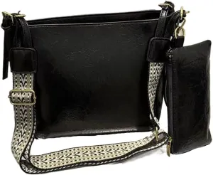 Vintage women's large capacity crossbody bag, fashionable 2-piece handbag wallet, adjustable guitar strap (Black)