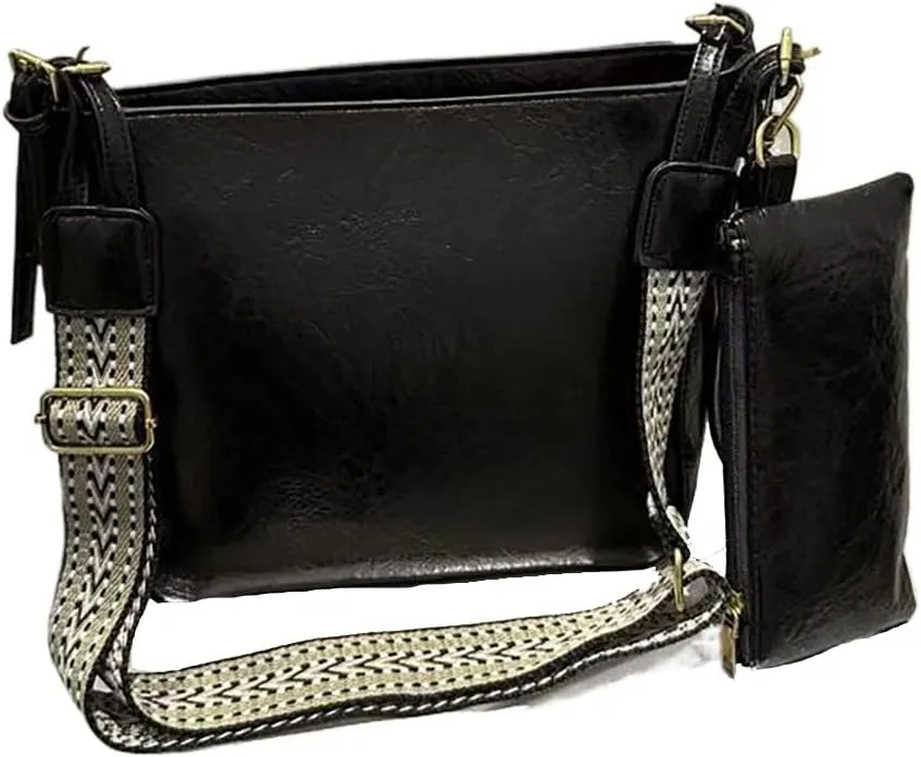 Vintage women's large capacity crossbody bag, fashionable 2-piece handbag wallet, adjustable guitar strap (Black)