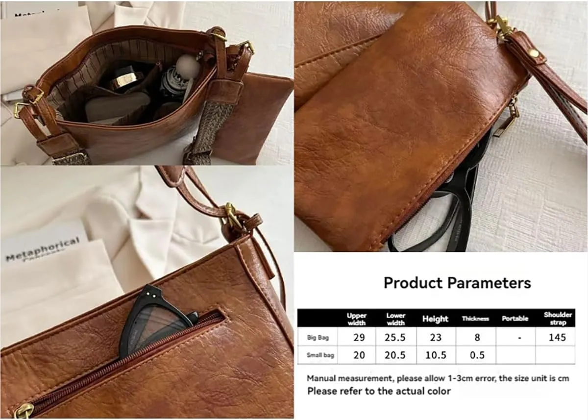 Vintage women's large capacity crossbody bag, fashionable 2-piece handbag wallet, adjustable guitar strap (Black)