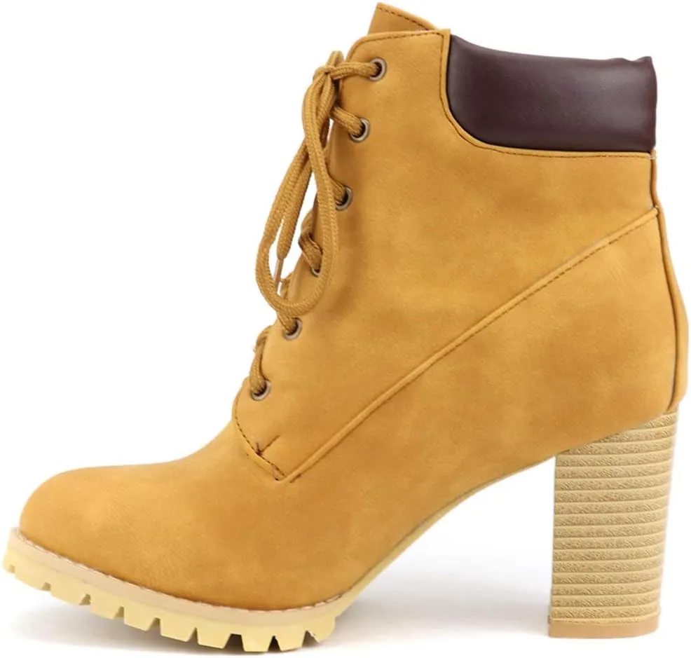 VOKLIN Women's Chunky Block High Heel Ankle Boots Lace Up Round Toe Platform Dressy Dressy Short Booties