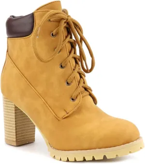 VOKLIN Women's Chunky Block High Heel Ankle Boots Lace Up Round Toe Platform Dressy Dressy Short Booties