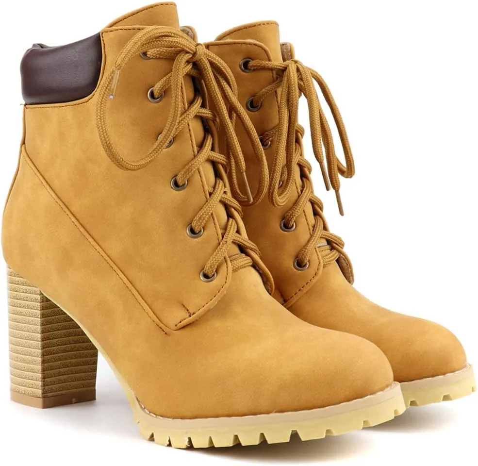 VOKLIN Women's Chunky Block High Heel Ankle Boots Lace Up Round Toe Platform Dressy Dressy Short Booties