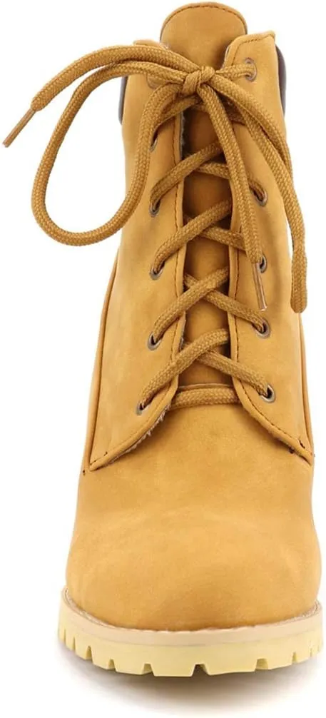 VOKLIN Women's Chunky Block High Heel Ankle Boots Lace Up Round Toe Platform Dressy Dressy Short Booties