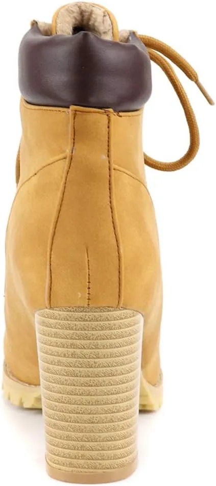 VOKLIN Women's Chunky Block High Heel Ankle Boots Lace Up Round Toe Platform Dressy Dressy Short Booties