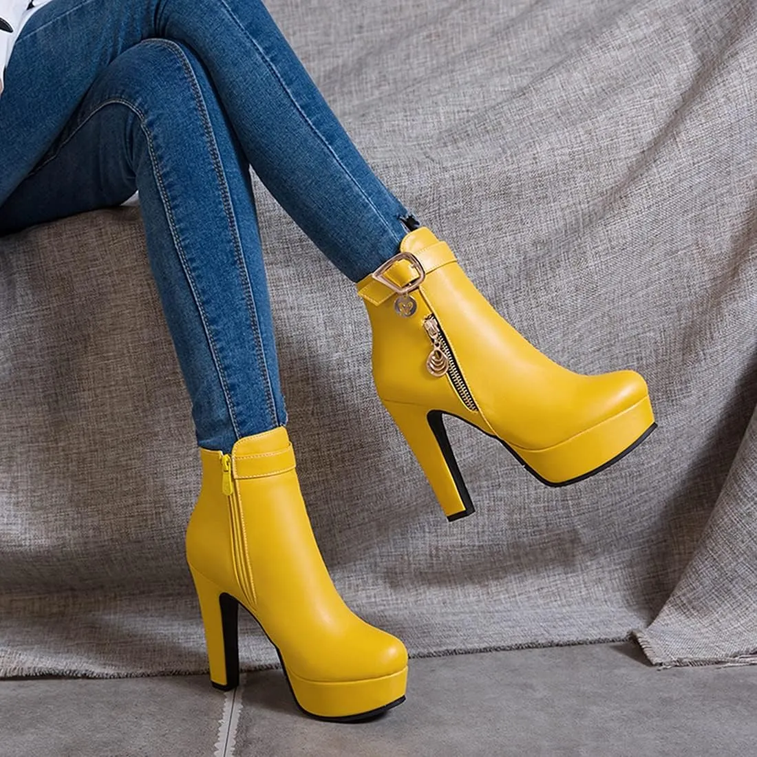 VOKLIN Women's Fashion Buckle Platform Block High Heel Ankle Boots Round Toe Side Zipper Dress Short Booties