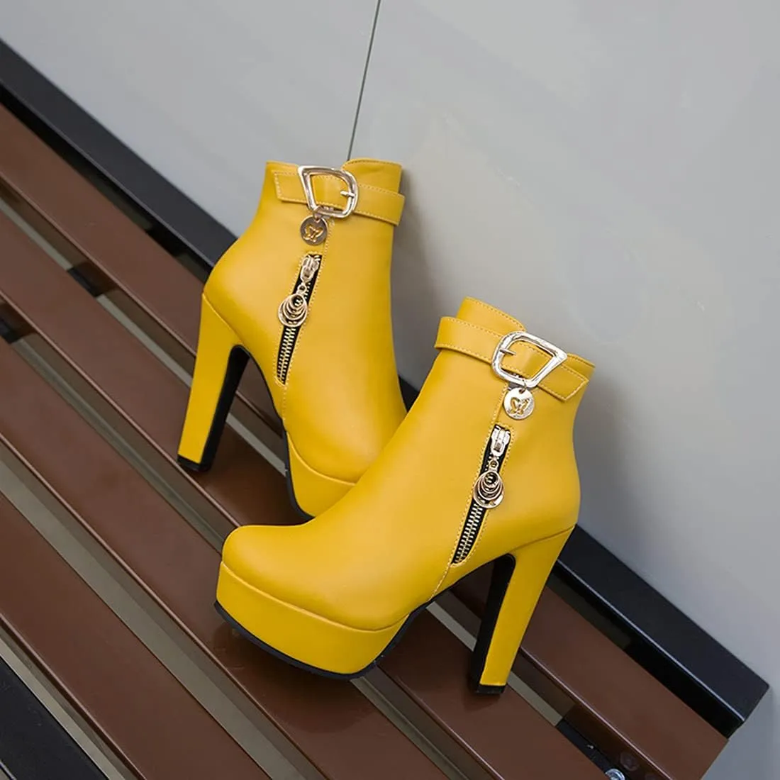 VOKLIN Women's Fashion Buckle Platform Block High Heel Ankle Boots Round Toe Side Zipper Dress Short Booties