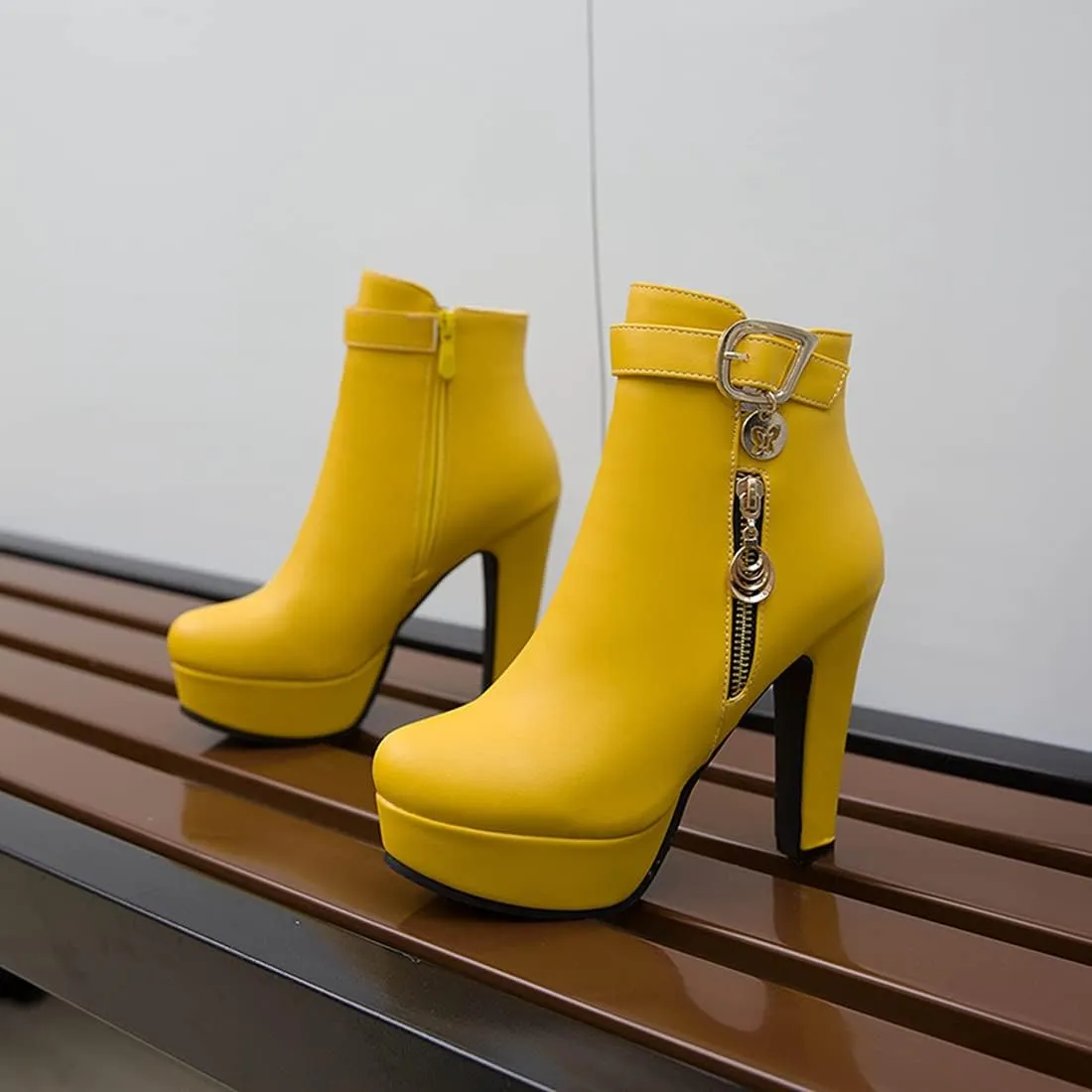 VOKLIN Women's Fashion Buckle Platform Block High Heel Ankle Boots Round Toe Side Zipper Dress Short Booties