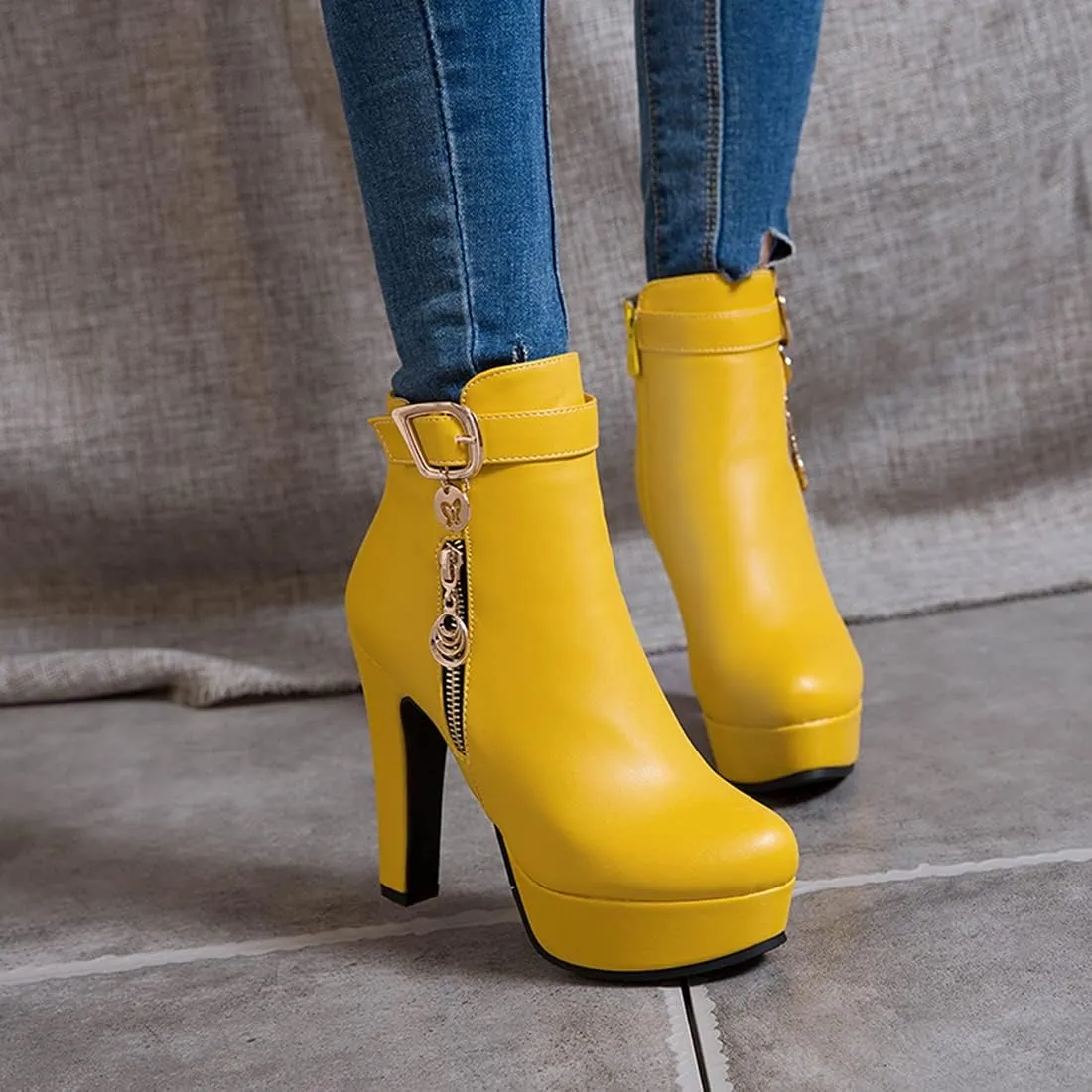 VOKLIN Women's Fashion Buckle Platform Block High Heel Ankle Boots Round Toe Side Zipper Dress Short Booties