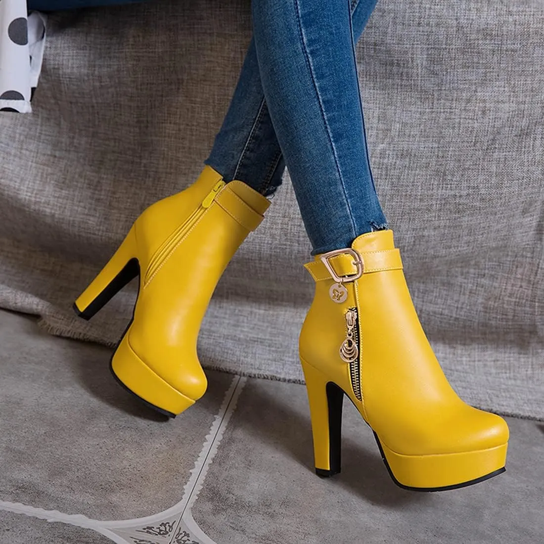 VOKLIN Women's Fashion Buckle Platform Block High Heel Ankle Boots Round Toe Side Zipper Dress Short Booties