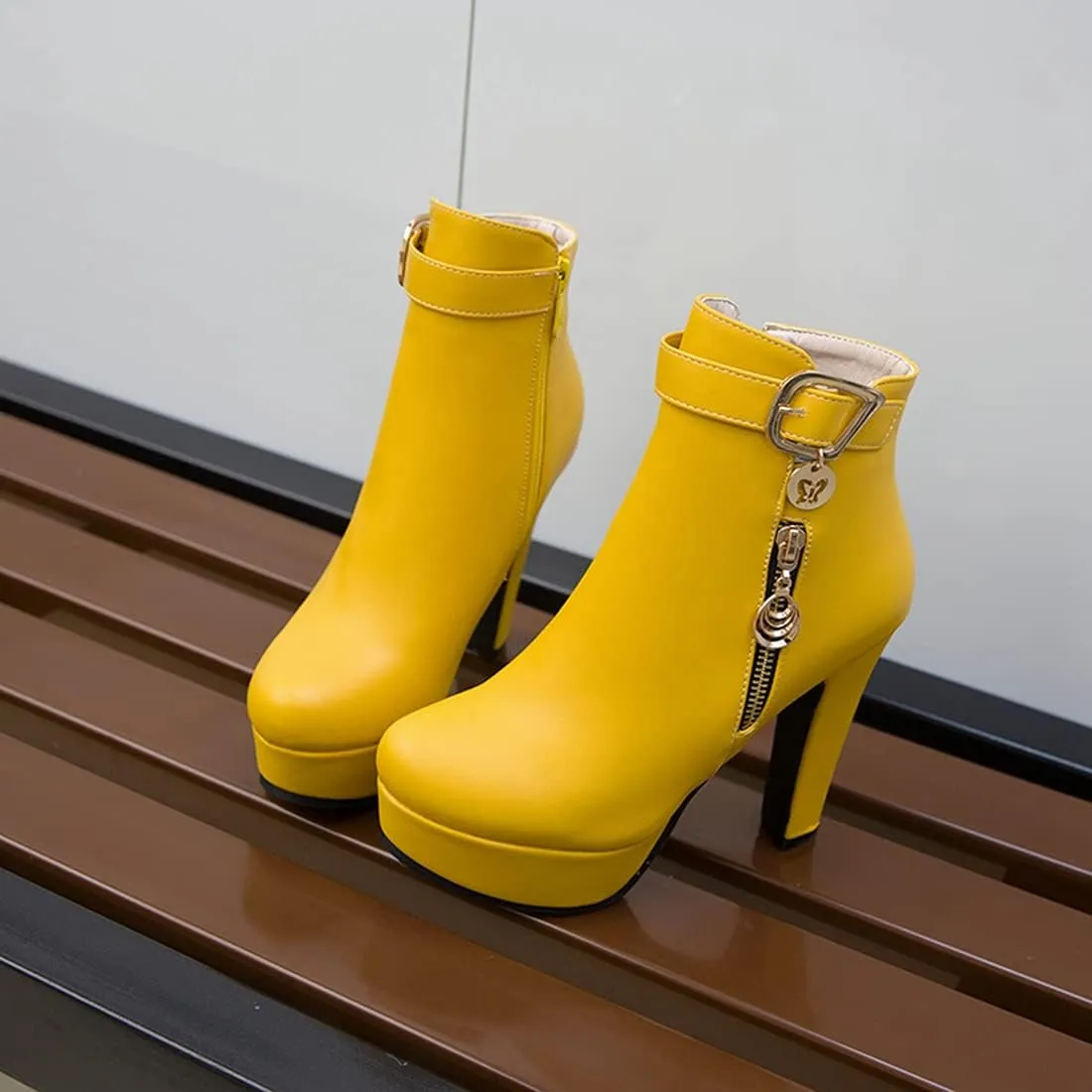 VOKLIN Women's Fashion Buckle Platform Block High Heel Ankle Boots Round Toe Side Zipper Dress Short Booties