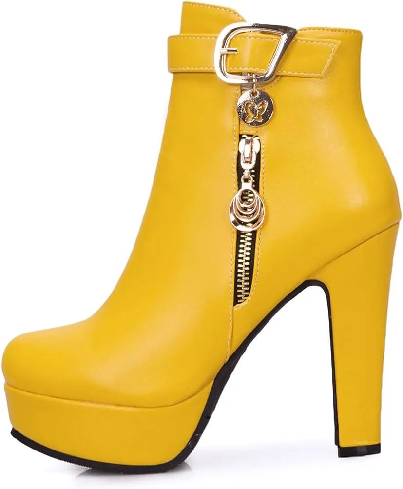 VOKLIN Women's Fashion Buckle Platform Block High Heel Ankle Boots Round Toe Side Zipper Dress Short Booties
