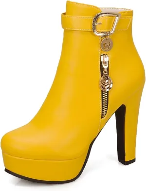VOKLIN Women's Fashion Buckle Platform Block High Heel Ankle Boots Round Toe Side Zipper Dress Short Booties