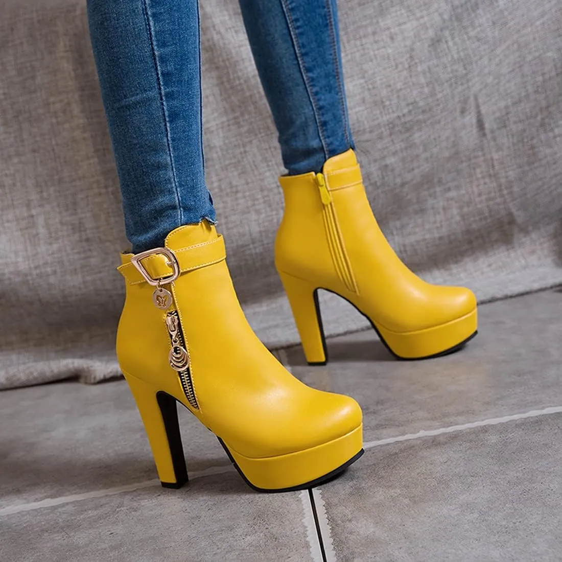 VOKLIN Women's Fashion Buckle Platform Block High Heel Ankle Boots Round Toe Side Zipper Dress Short Booties