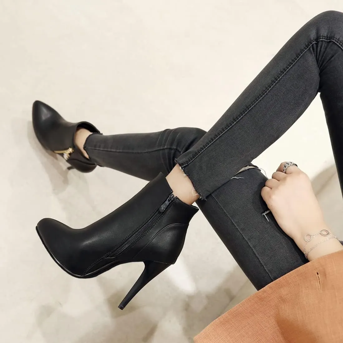 VOKLIN Women's Fashion Pointed Toe Stilettos High Heel Ankle Boots Side Zipper Elegant Dressy Short Booties