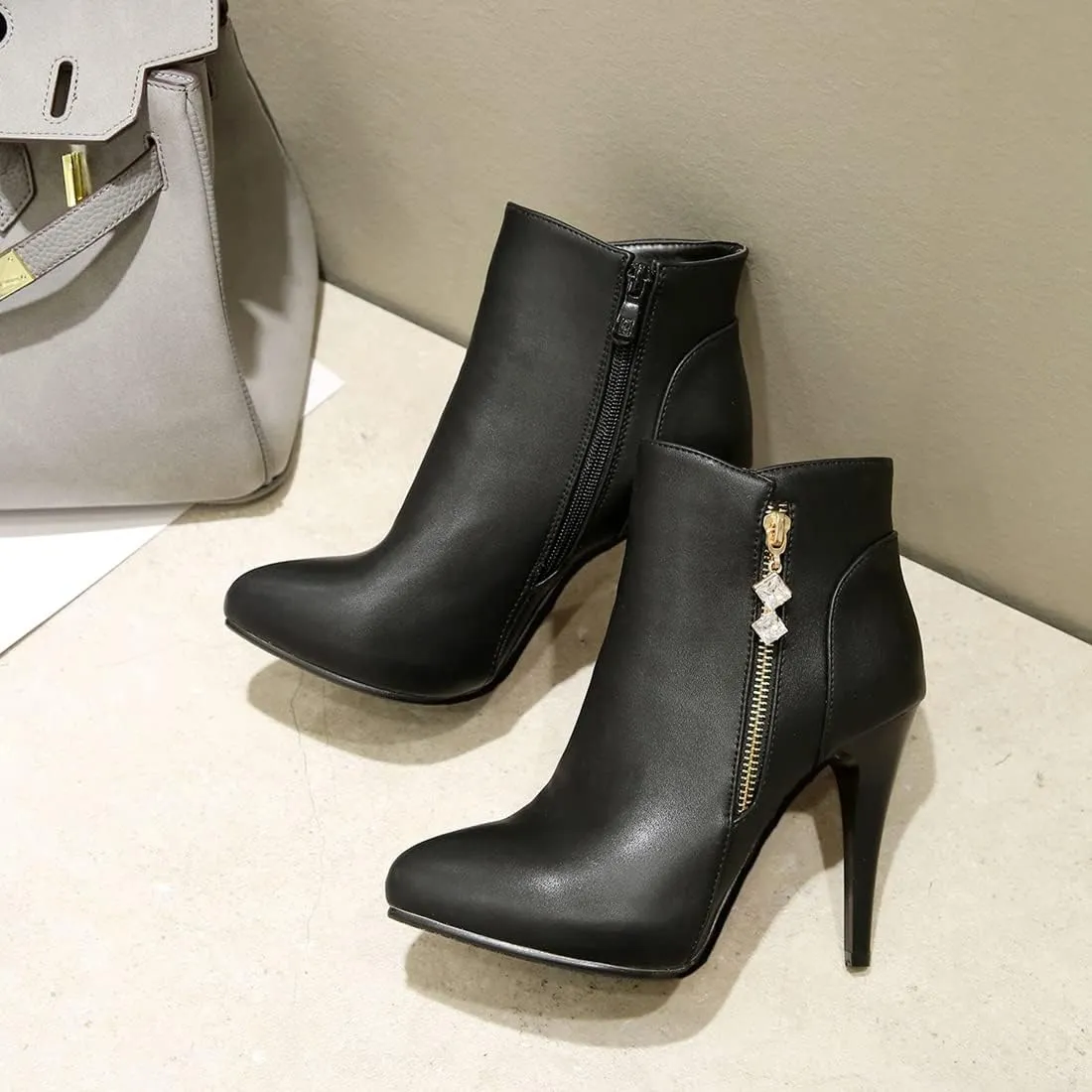 VOKLIN Women's Fashion Pointed Toe Stilettos High Heel Ankle Boots Side Zipper Elegant Dressy Short Booties