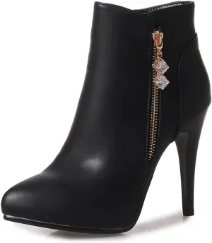 VOKLIN Women's Fashion Pointed Toe Stilettos High Heel Ankle Boots Side Zipper Elegant Dressy Short Booties