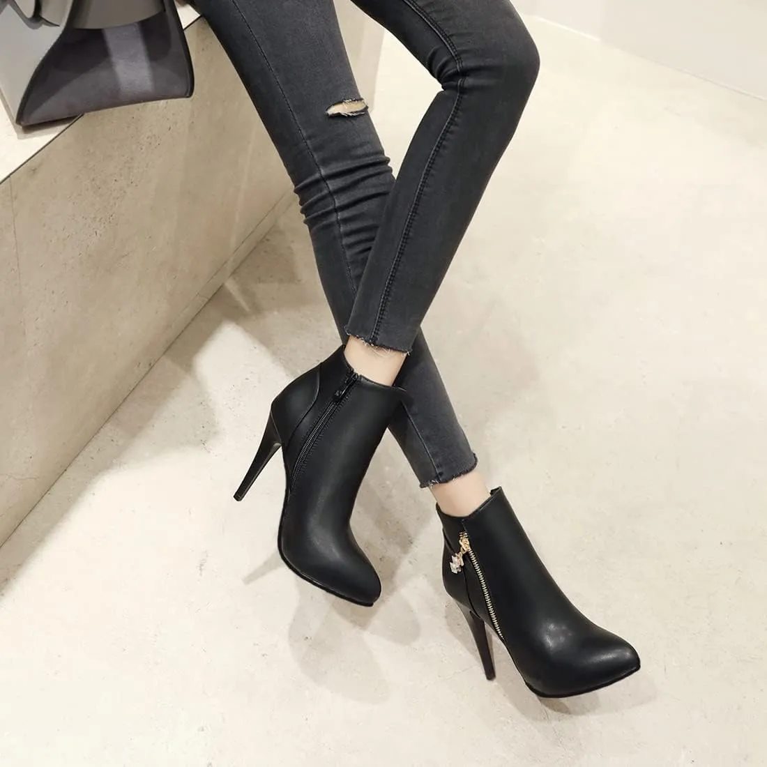 VOKLIN Women's Fashion Pointed Toe Stilettos High Heel Ankle Boots Side Zipper Elegant Dressy Short Booties