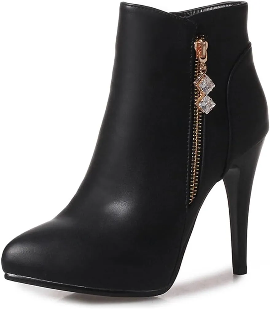 VOKLIN Women's Fashion Pointed Toe Stilettos High Heel Ankle Boots Side Zipper Elegant Dressy Short Booties